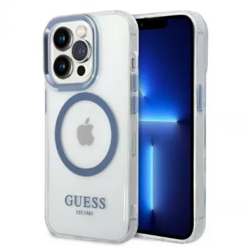 Guess Coque rigide Metal Outline MagSafe pour Apple iPhone 14 Pro Max 6,7 pouces - bleue