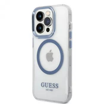 Guess Coque rigide Metal Outline MagSafe pour Apple iPhone 14 Pro Max 6,7 pouces - bleue