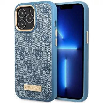 Guess GUHMP14LU4GPRB Coque rigide pour iPhone 14 Pro 6,1 pouces bleue 4G Logo Plate MagSafe