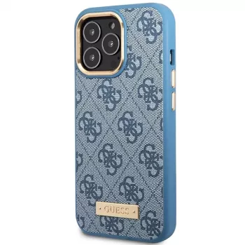 Guess GUHMP14LU4GPRB Coque rigide pour iPhone 14 Pro 6,1 pouces bleue 4G Logo Plate MagSafe
