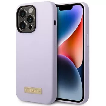 Guess GUHMP14LSBPLU Coque rigide en silicone avec plaque logo pour Apple iPhone 14 Pro 6,1 pouces - violette, compatible MagSafe