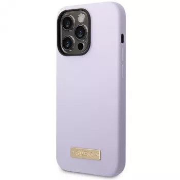 Guess GUHMP14LSBPLU Coque rigide en silicone avec plaque logo pour Apple iPhone 14 Pro 6,1 pouces - violette, compatible MagSafe