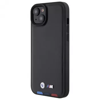 Coque arrière BMW M Collection Leather Stamp pour iPhone 15 Plus / 14 Plus 6,7 pouces - Black Tricolor