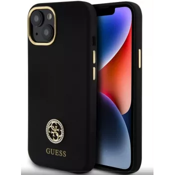 Coque rigide silicone Noire avec logo et strass 4G Guess GUHCP15SM4DGPK pour iPhone 15/14/13 6,1 pouces