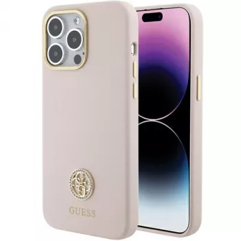 Guess GUHCP15XM4DGPP iPhone 15 Pro Max 6,7 inch rose coque rigide silicone avec logo strass 4G