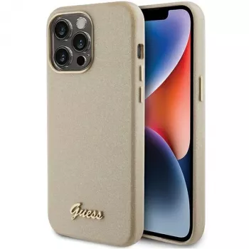 Guess coque rigide Glitter Glossy Script pour iPhone 15 Pro 6,1 inch or clair