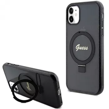 Guess GUHMN61HRSGSK iPhone 11 / XR 6,1 noir coque rigide anneau support Script Glitter MagSafe