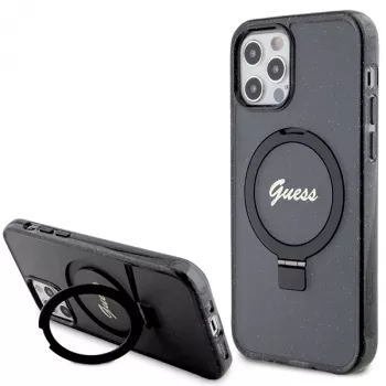 Guess GUHMP12MHRSGSK iPhone 12/12 Pro 6,1 coque rigide anneau support Script Glitter MagSafe noir