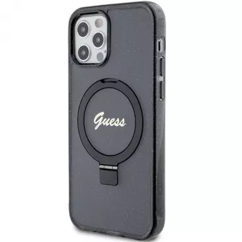 Guess GUHMP12MHRSGSK iPhone 12/12 Pro 6,1 coque rigide anneau support Script Glitter MagSafe noir
