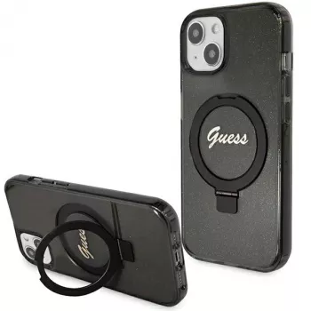 Guess GUHMP13MHRSGSK iPhone 13/14/15 6,1 inch coque rigide avec anneau support, Script Glitter, MagSafe noir