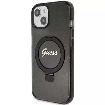 Guess GUHMP13MHRSGSK iPhone 13/14/15 6,1 inch coque rigide avec anneau support, Script Glitter, MagSafe noir