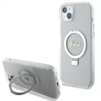 Guess GUHMP15MHRSGSD iPhone 15 Plus / 14 Plus 6,7 inch coque rigide transparente anneau support Script Glitter MagSafe