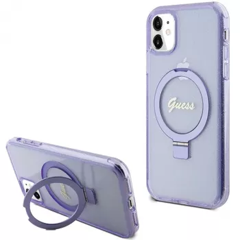 Guess GUHMN61HRSGSU iPhone 11 / XR 6,1 inch violet coque rigide anneau support Script Glitter MagSafe