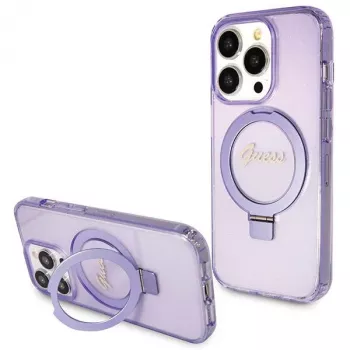 Guess GUHMP13XHRSGSU iPhone 13 Pro Max 6,7 inch violet coque rigide anneau support Script Glitter MagSafe