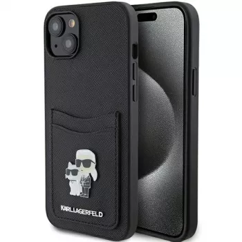 Karl Lagerfeld KLHCP15SSAPKCNPK coque rigide Saffiano avec porte-cartes Karl & Choupette à pin's métal pour iPhone 15 / 14 / 13 6,1