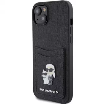 Karl Lagerfeld KLHCP15SSAPKCNPK coque rigide Saffiano avec porte-cartes Karl & Choupette à pin's métal pour iPhone 15 / 14 / 13 6,1