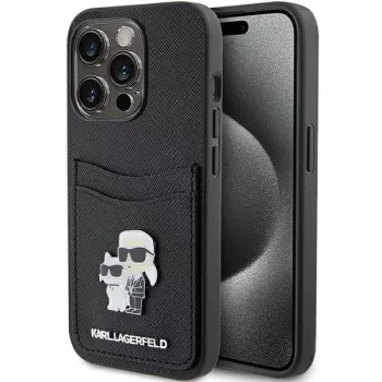 Karl Lagerfeld KLHCP15LSAPKCNPK coque rigide Saffiano avec porte-cartes Karl & Choupette à pin's métal pour iPhone 15 Pro 6,1