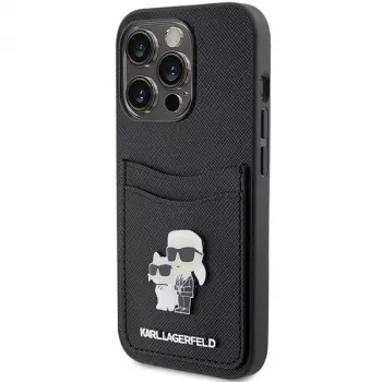 Karl Lagerfeld KLHCP15LSAPKCNPK coque rigide Saffiano avec porte-cartes Karl & Choupette à pin's métal pour iPhone 15 Pro 6,1