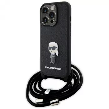 Karl Lagerfeld KLHCP15LSASKNPSK coque rigide bandoulière Saffiano Monogram à pin's métal Karl & Choupette pour iPhone 15 Pro 6,1