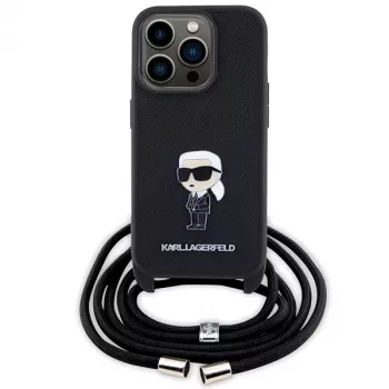 Karl Lagerfeld KLHCP15LSASKNPSK coque rigide bandoulière Saffiano Monogram à pin's métal Karl & Choupette pour iPhone 15 Pro 6,1
