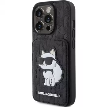 Karl Lagerfeld KLHCP15LSAKCNSCK Coque rigide Saffiano avec porte-cartes et support iPhone 15 Pro 6,1 pouces Noir Monogram Choupette