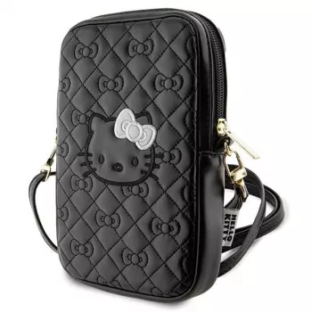 Hello Kitty Sacoche de téléphone bandoulière avec bretelle Quilted Bows (Noir)