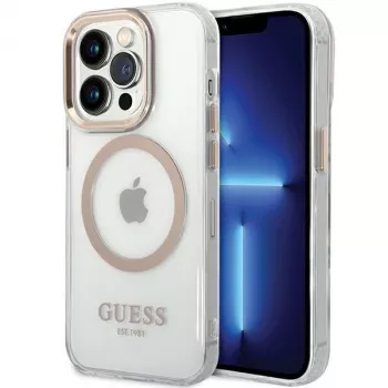 Coque rigide Guess GUHMP15SHTRMD Metal Outline pour iPhone 15/14/13, or, MagSafe
