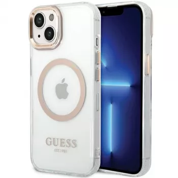 Coque rigide Guess GUHMP15MHTRMD Metal Outline pour iPhone 15 Plus / 14 Plus 6,7 inch or avec MagSafe