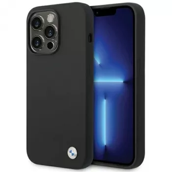 Coque en silicone BMW BMHCP15XSILBK pour iPhone 15 Pro Max 6,7 inch noire avec logo métal