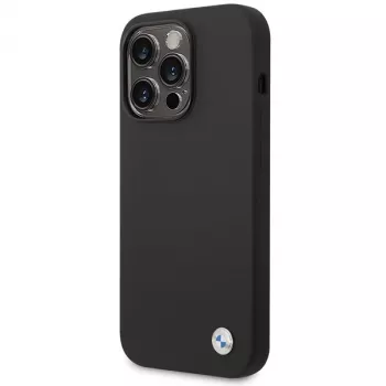 Coque en silicone BMW BMHCP15XSILBK pour iPhone 15 Pro Max 6,7 inch noire avec logo métal