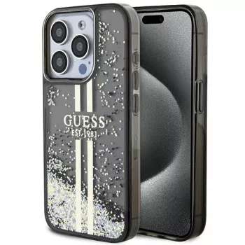 Guess GUHCP15LLFCSEGK coque rigide Liquid Glitter Gold Stripes pour iPhone 15 Pro 6,1 inch noire