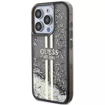 Guess GUHCP15LLFCSEGK coque rigide Liquid Glitter Gold Stripes pour iPhone 15 Pro 6,1 inch noire