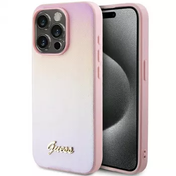 Guess GUHCP15XPSAIRSP coque rigide Saffiano Iridescent Script pour Apple iPhone 15 Pro Max 6,7 inch - rose