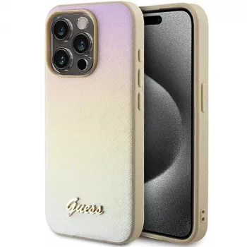 Guess GUHCP14LPSAIRSD coque rigide Saffiano Iridescent Script pour iPhone 14 Pro 6,1 inch dorée