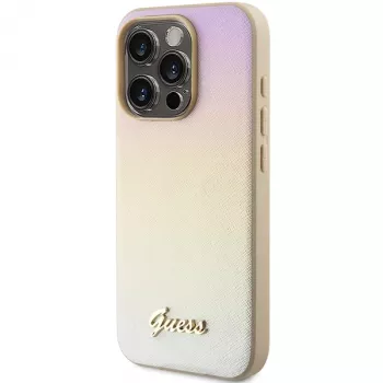 Guess GUHCP15LPSAIRSD coque rigide Saffiano Iridescent Script pour Apple iPhone 15 Pro 6,1 inch dorée