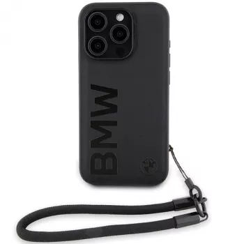 BMW coque rigide Signature Leather Wordmark avec cordon pour iPhone 15 Pro 6,1 inch noire