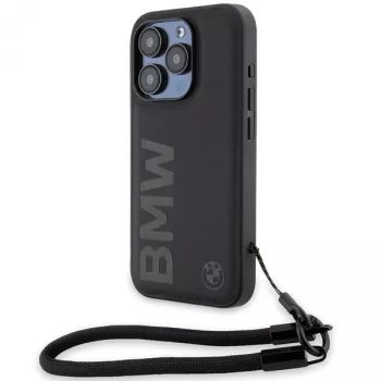 BMW coque rigide Signature Leather avec cordon pour iPhone 15 Pro Max 6,7 inch noire