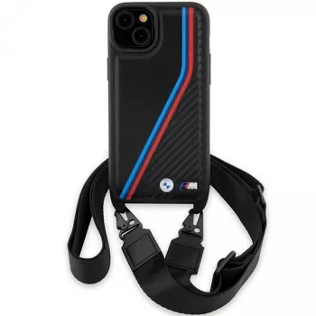 BMW BMHCP15S23PSVTK iPhone 15 / 14 / 13 noir Hardcase M Edition Carbon Tricolor Lines & Strap