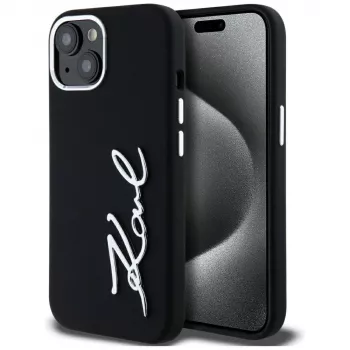 Coque KARL LAGERFELD Silicone Metal Script Logo pour Apple iPhone 15, noir