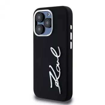 Coque rigide Karl Lagerfeld KLHCP15LSCMSMVK Silicone Metal Script Logo pour iPhone 15 Pro 6,1, noir