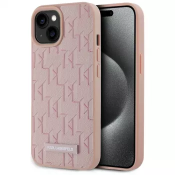 Coque MagSafe Karl Lagerfeld cuir monogramme logo métal pour iPhone 15, rose
