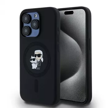 Coque rigide Karl Lagerfeld KLHMP15LSCMKCRHK pour iPhone 15 Pro 6,1, noire, silicone, Karl & Choupette, MagSafe