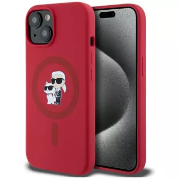 Coque silicone KARL LAGERFELD pour iPhone 15 avec MagSafe et anneau de maintien - têtes Karl & Choupette - rouge