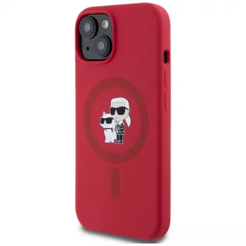 Coque silicone KARL LAGERFELD pour iPhone 15 avec MagSafe et anneau de maintien - têtes Karl & Choupette - rouge