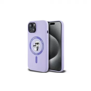 Coque rigide silicone Karl Lagerfeld KLHMP15SSCMKCRHU pour iPhone 15 6,1 inch, violette, avec anneau têtes Karl & Choupette et MagSafe