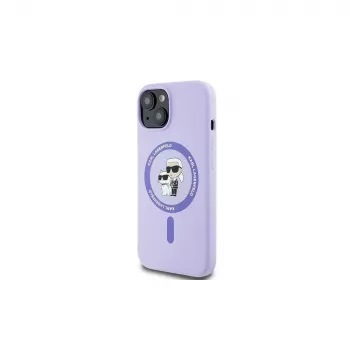 Coque rigide silicone Karl Lagerfeld KLHMP15SSCMKCRHU pour iPhone 15 6,1 inch, violette, avec anneau têtes Karl & Choupette et MagSafe