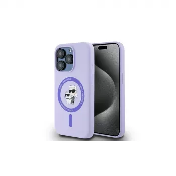 Coque rigide silicone Karl Lagerfeld KLHMP15LSCMKCRHU pour iPhone 15 Pro 6,1 inch, violette, avec anneau têtes Karl & Choupette et MagSafe