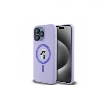 Coque rigide en silicone Karl Lagerfeld pour iPhone 15 Pro Max 6,7 inch violette avec anneau têtes Karl & Choupette MagSafe
