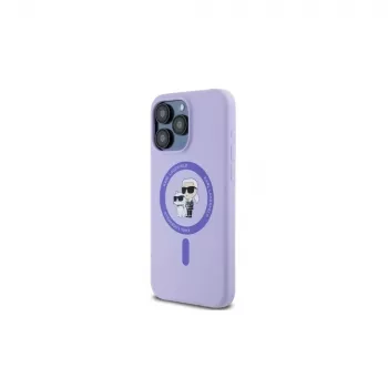 Coque rigide en silicone Karl Lagerfeld pour iPhone 15 Pro Max 6,7 inch violette avec anneau têtes Karl & Choupette MagSafe