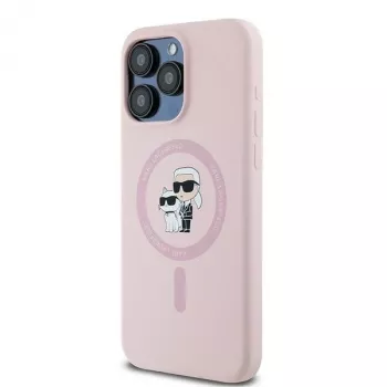Coque rigide silicone Karl Lagerfeld KLHMP15XSCMKCRHP pour iPhone 15 Pro Max 6,7 inch, rose, avec anneau Karl & Choupette et MagSafe
